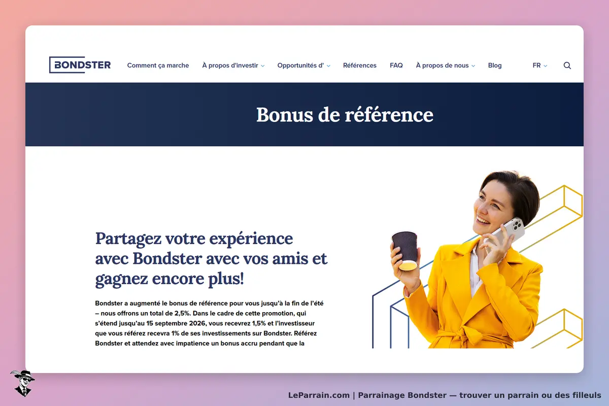 Bondster : page sur le bonus de référence avec une femme souriante au téléphone et une tasse