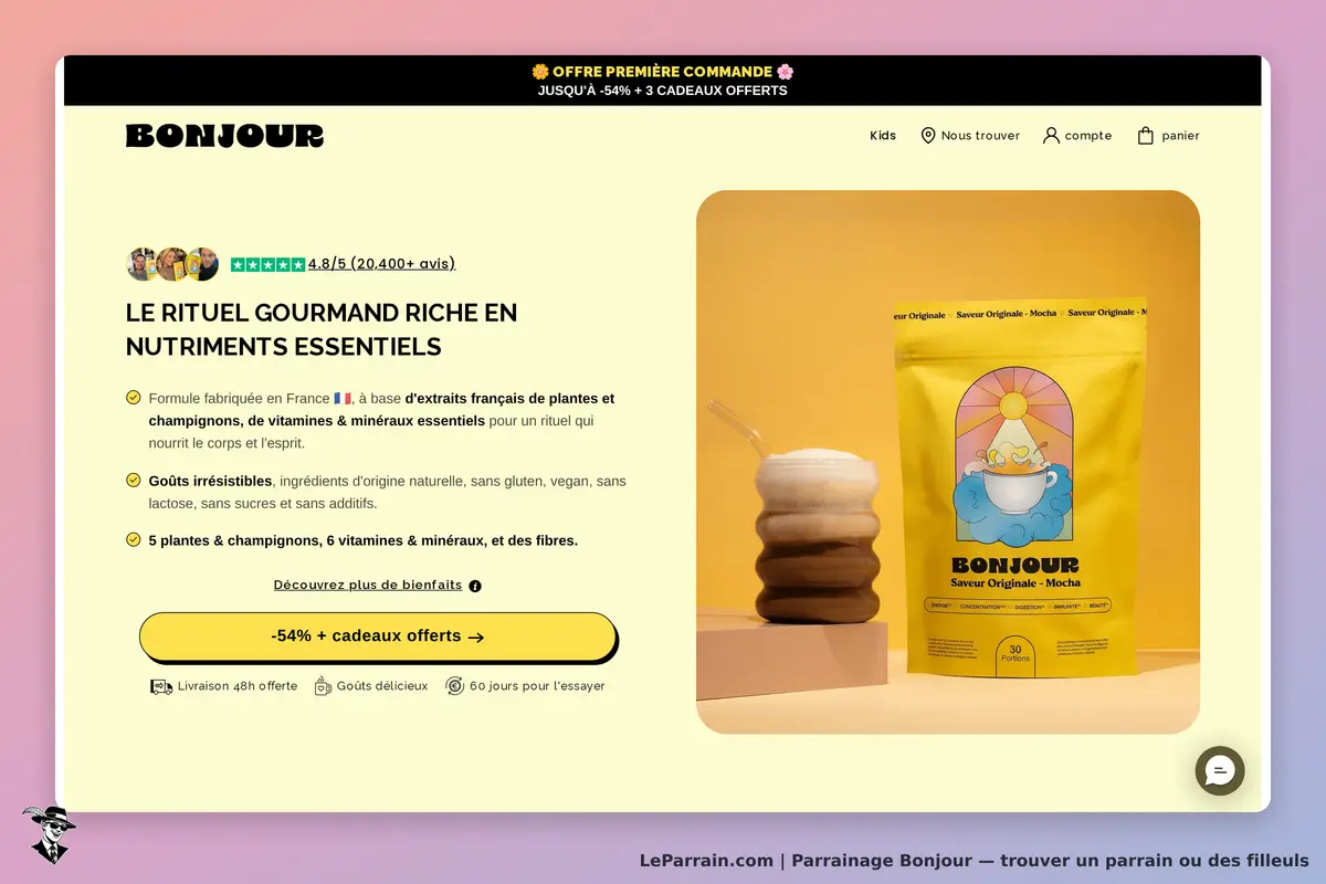 Bonjour : page d'accueil présentant un produit en sachet et une boisson crémeuse sur fond jaune