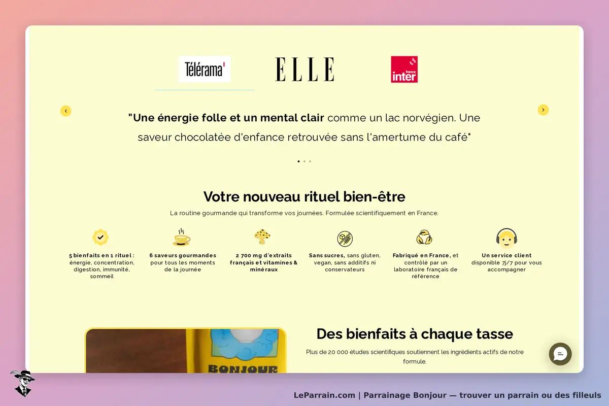 Bonjour : page d'accueil présentant un rituel bien-être avec témoignages et bénéfices affichés