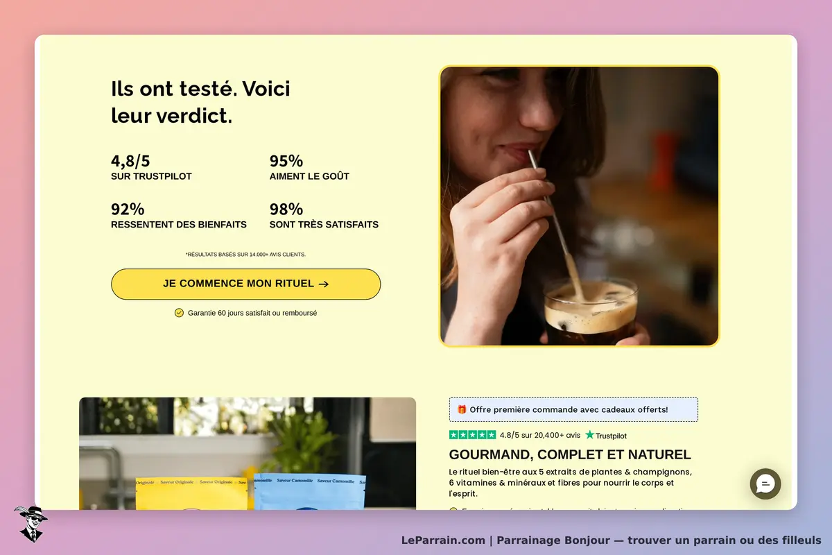 Bonjour : avis clients et image d'une personne dégustant une boisson avec un verre transparent
