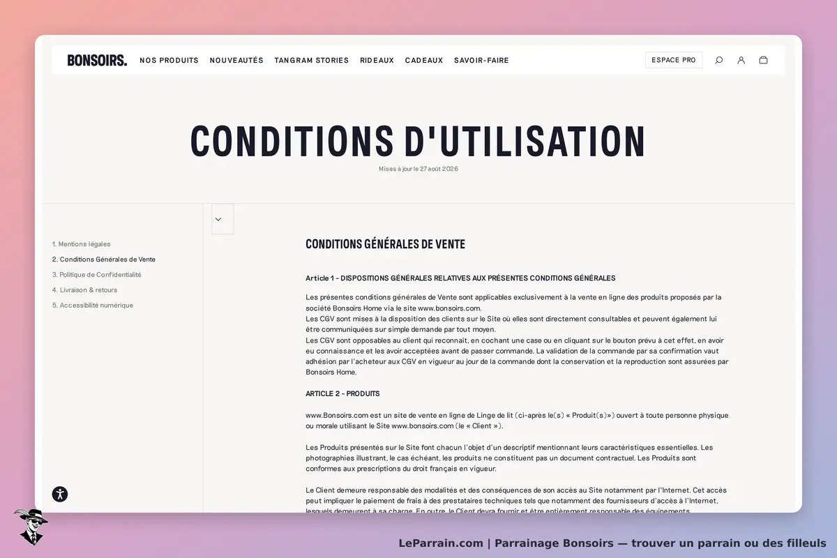 Bonsoirs : page des conditions générales de vente avec articles et mentions légales