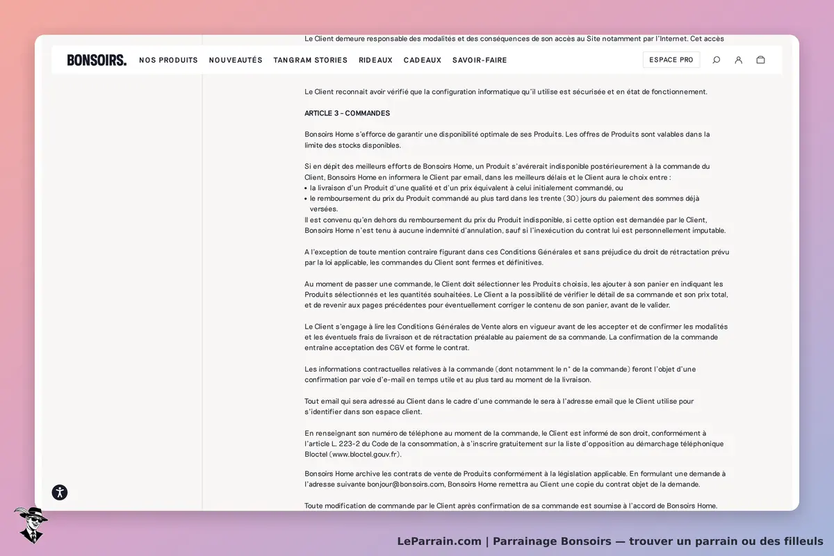 Bonsoirs : texte des conditions générales sur les commandes et la responsabilité du client