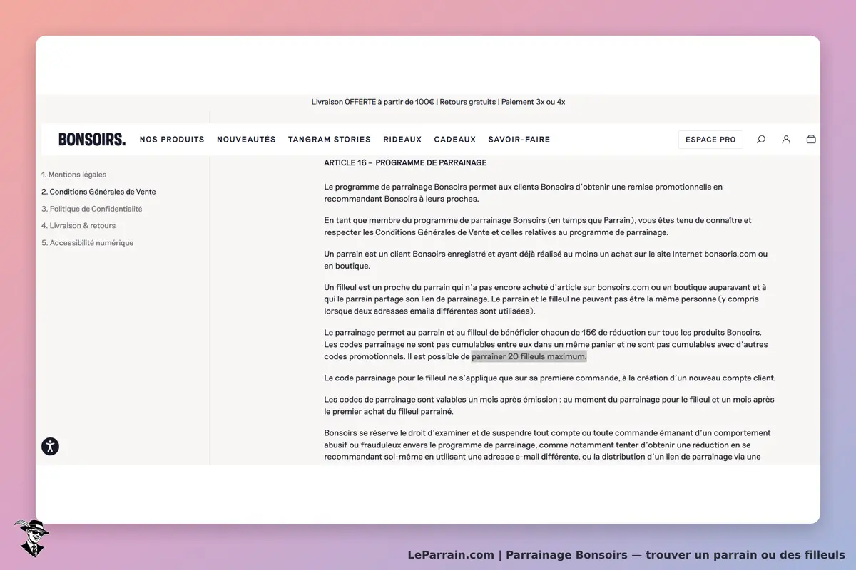 Bonsoirs : section sur le programme de parrainage avec mentions légales et conditions d'utilisation