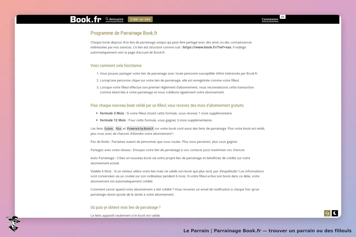 Book.fr : programme de parrainage avec explication et conditions affichées sur la page d'accueil