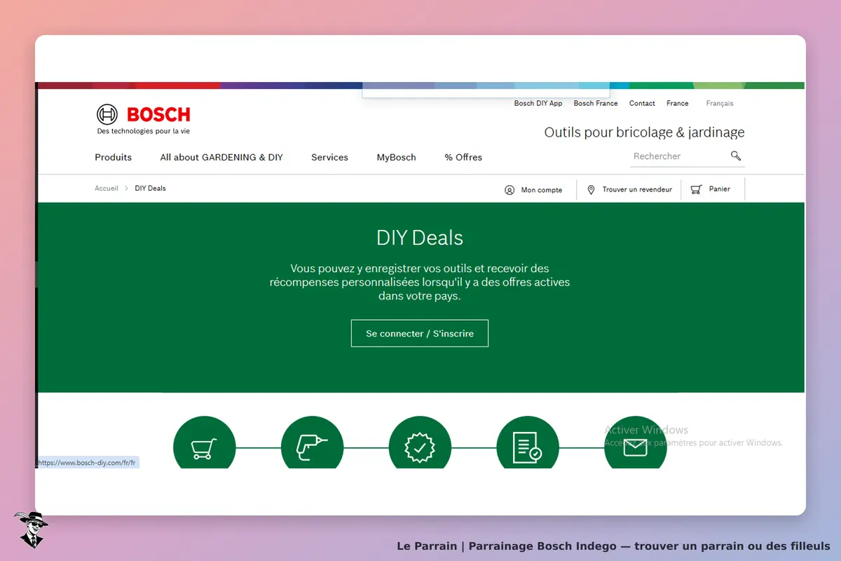 Bosch Indego : bosch : page d'accueil avec section DIY Deals et options de connexion ou