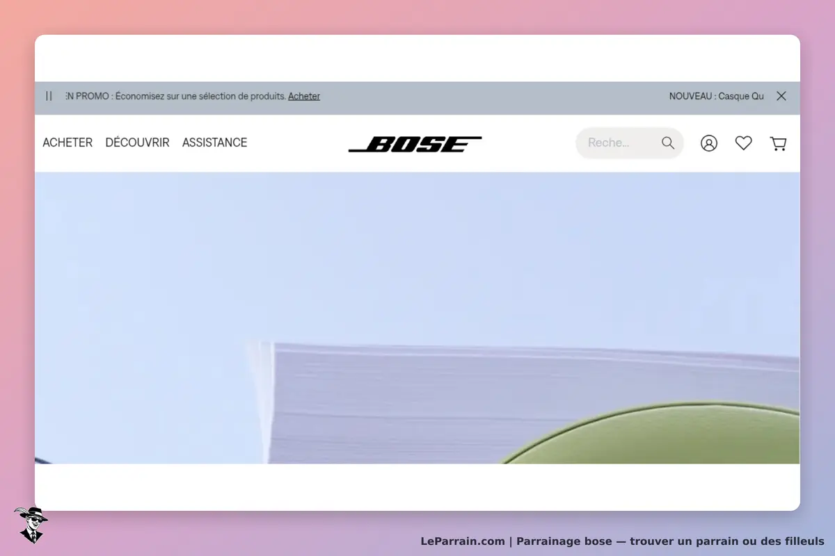 Bose : page d'accueil avec logo, menu de navigation et visuel de produits en arrière-plan