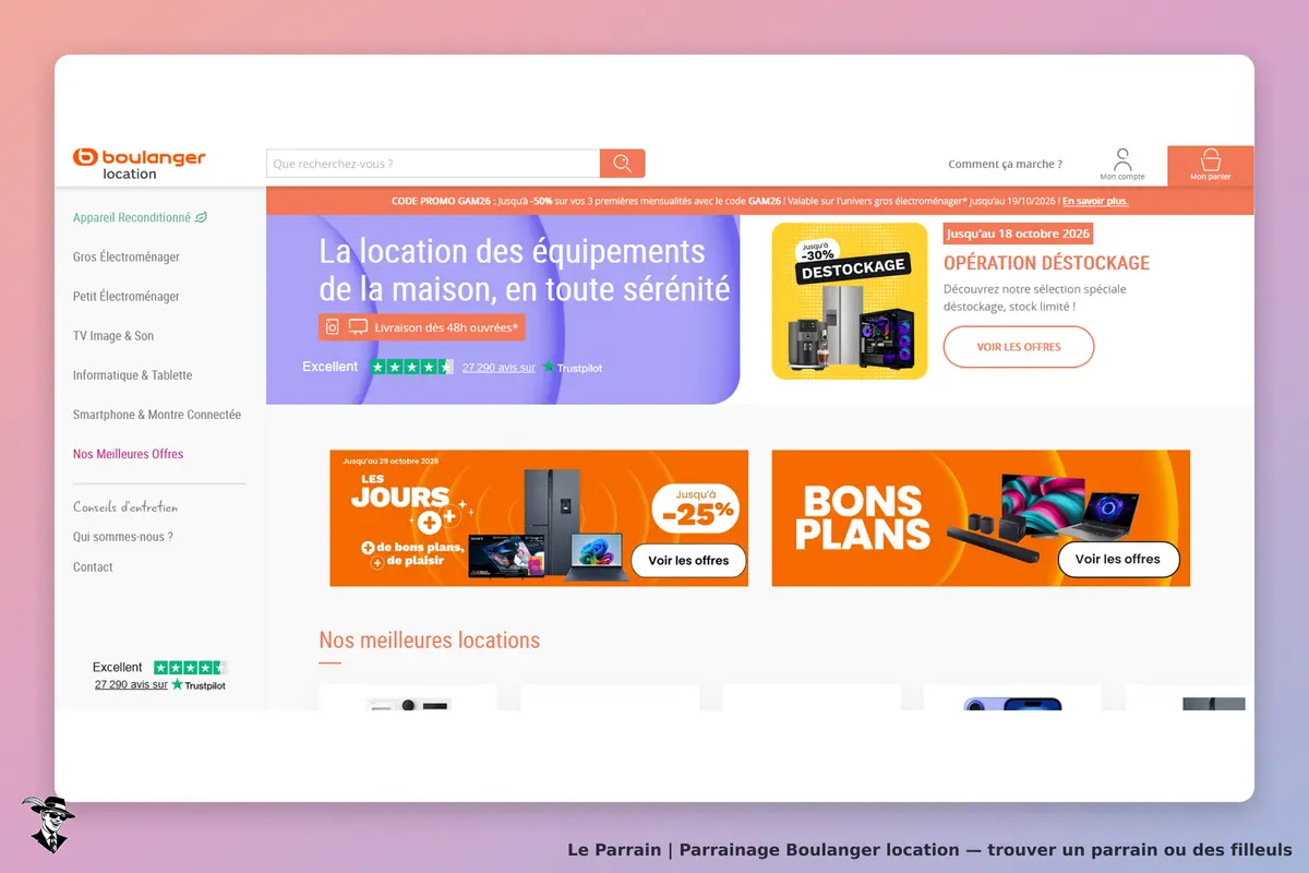 Boulanger location : page d'accueil avec promotions et catégories de produits en location