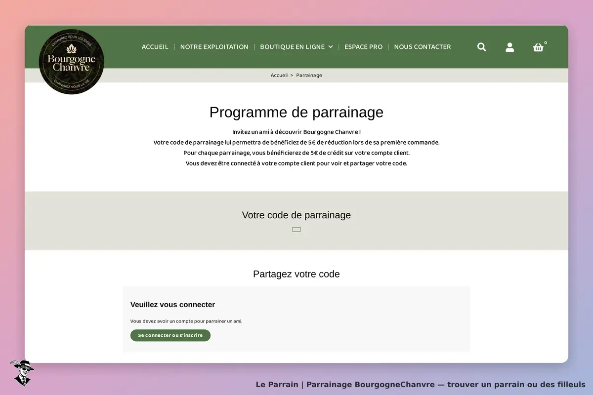 BourgogneChanvre : page du programme de parrainage avec code et demande de connexion