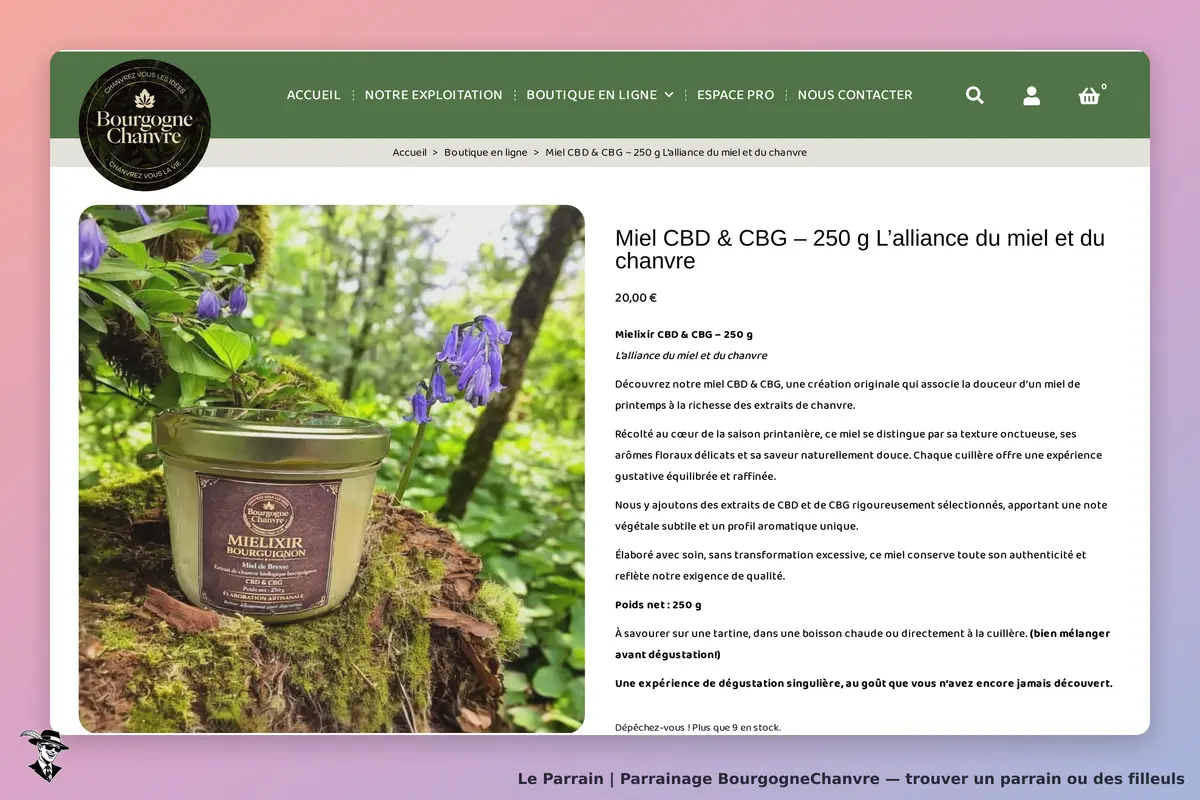 BourgogneChanvre : pot de miel CBD et CBG en forêt, avec fleurs violettes en arrière-plan