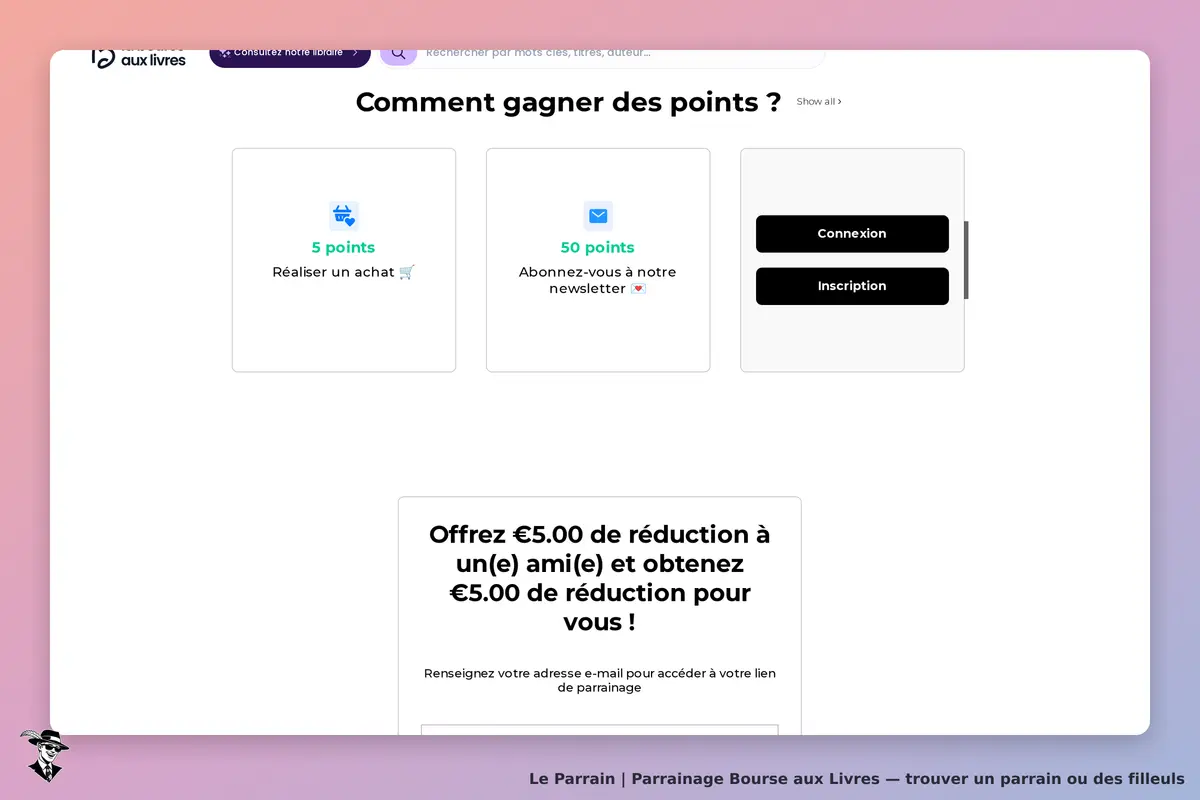 Bourse aux Livres : section sur la façon de gagner des points avec des options et un formulaire