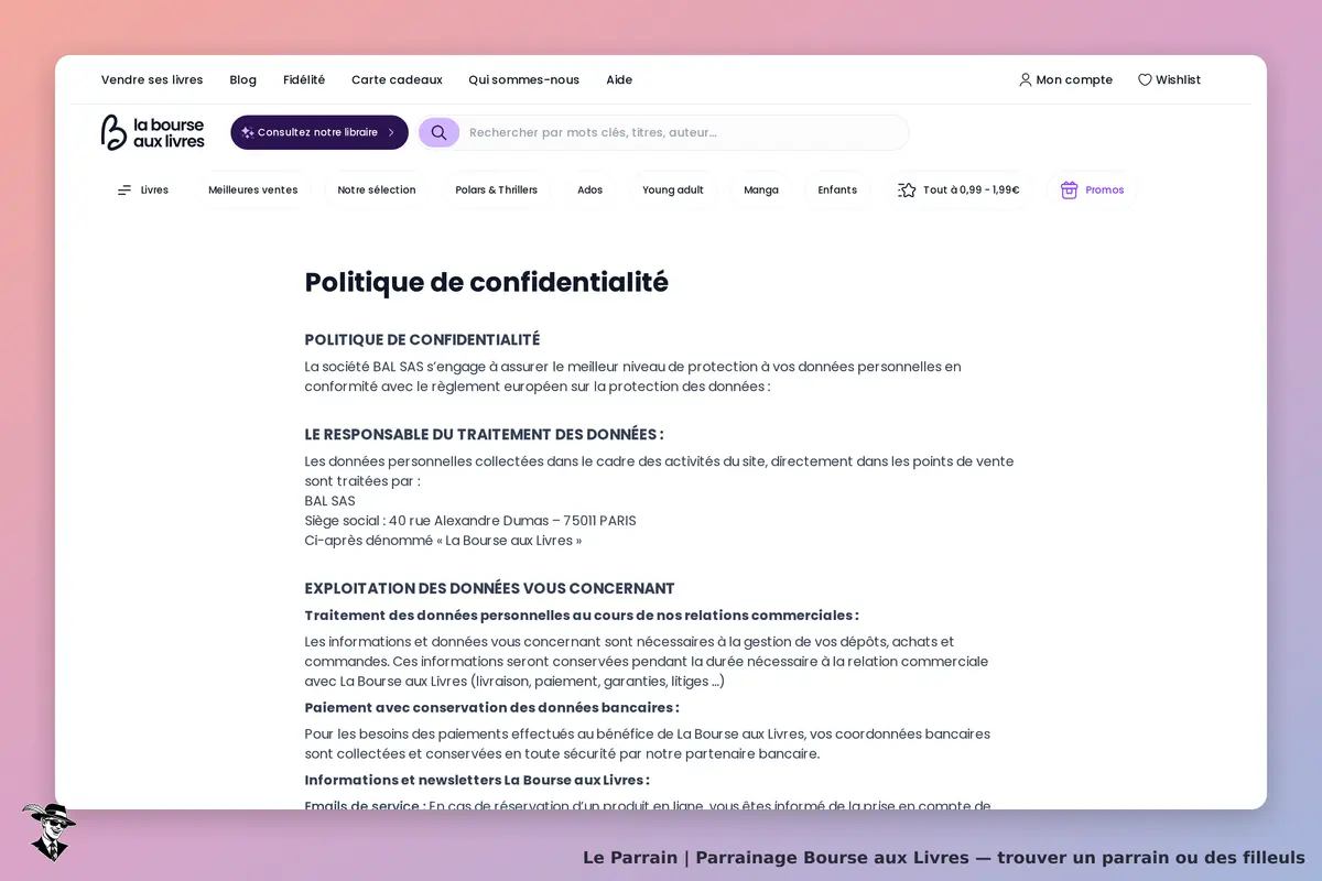 Bourse aux Livres : politique de confidentialité affichée sur la page d'accueil du site