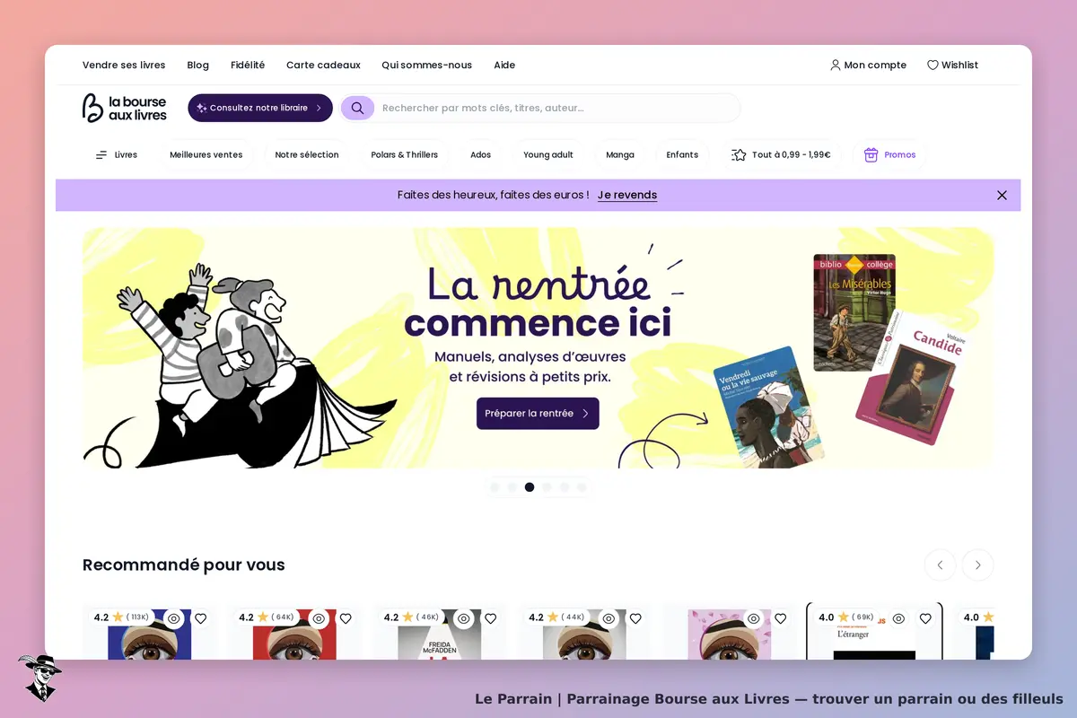 Bourse aux Livres : page d'accueil avec une bannière sur la rentrée et des livres recommandés