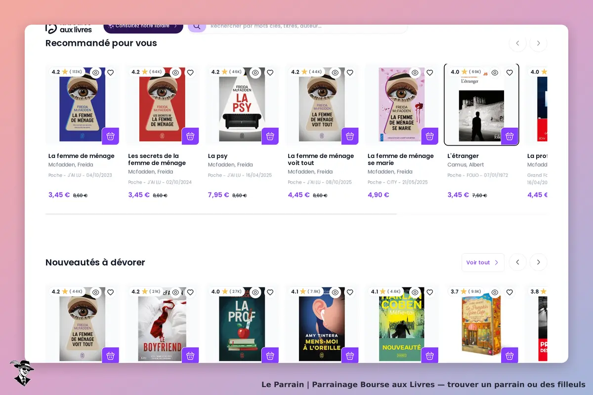 Bourse aux Livres : page d'accueil avec livres recommandés et nouveautés à dévorer
