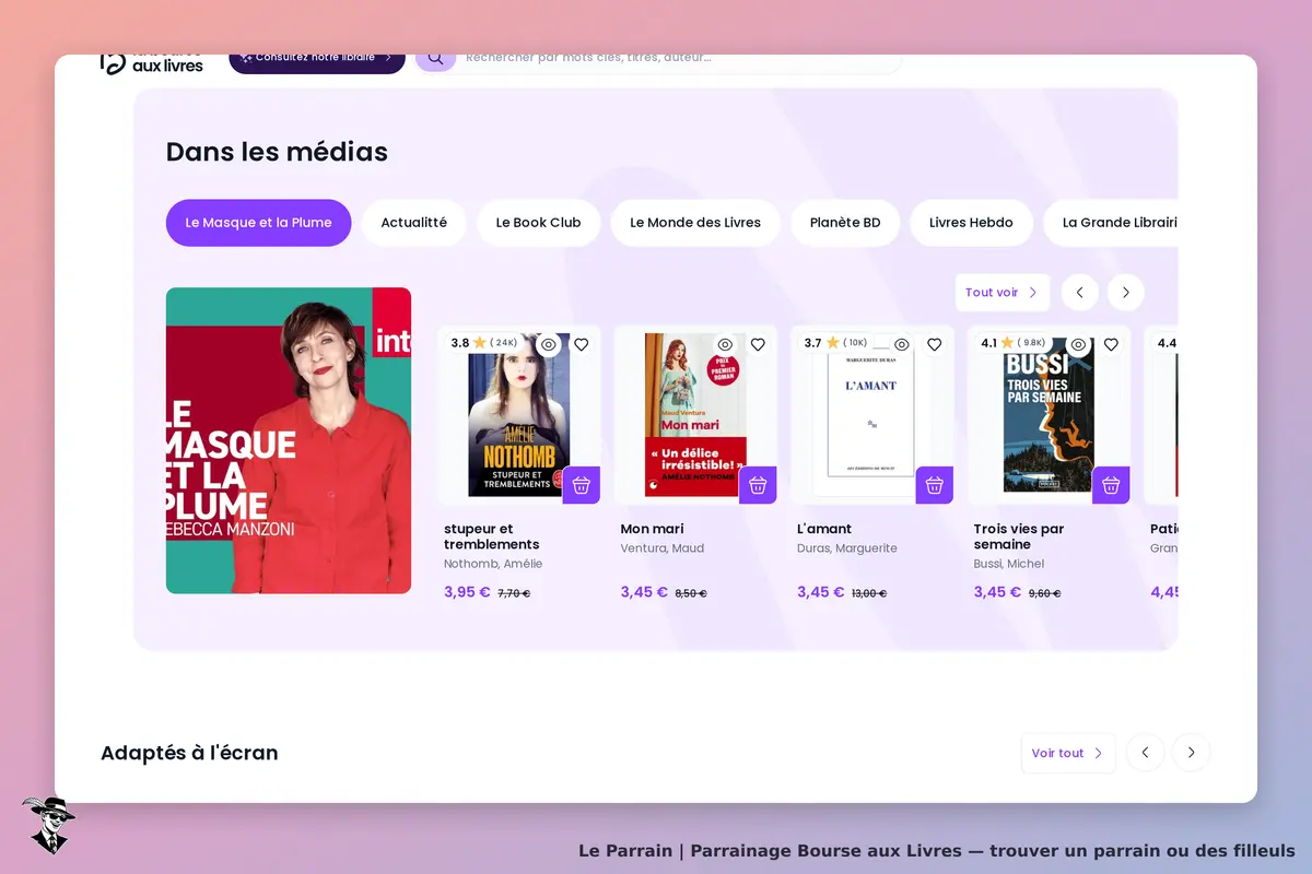 Bourse aux Livres : page d'accueil avec des livres et des recommandations médiatiques
