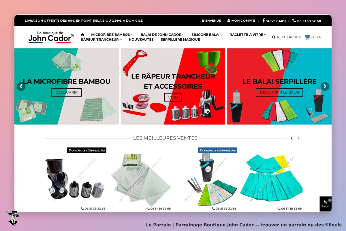 Boutique John Cador : page d'accueil avec divers produits de nettoyage et leurs descriptions