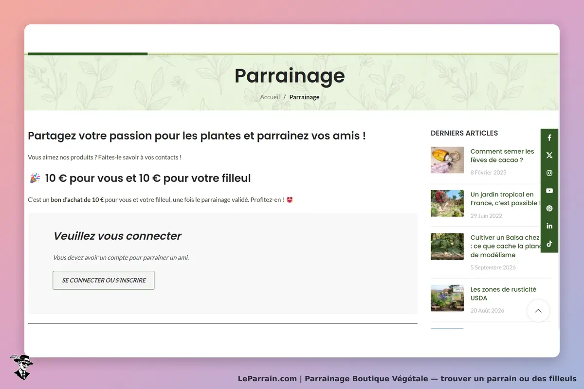 Boutique Végétale : page de parrainage avec formulaire de connexion et articles récents
