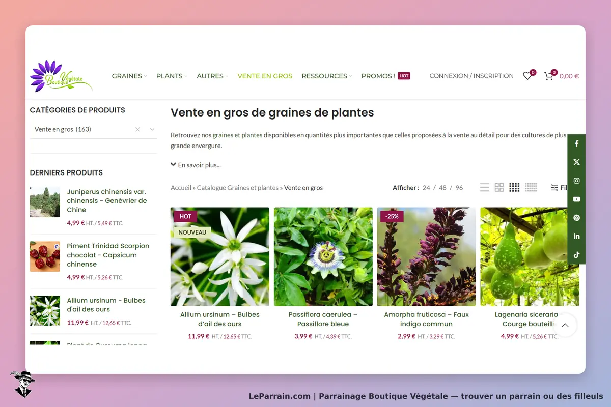 Boutique Végétale : page de vente en gros avec produits et images de graines de plantes