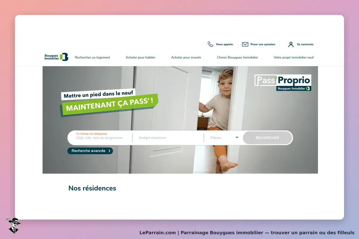 Bouygues Immobilier : page d'accueil avec un enfant dans une porte et un formulaire de recherche