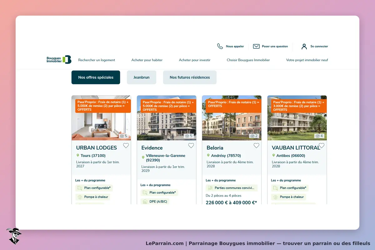 Bouygues Immobilier : page d'accueil avec des programmes immobiliers et options de filtrage