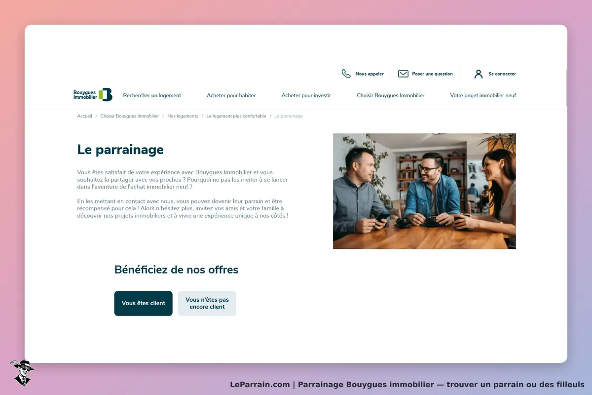 Bouygues Immobilier : page sur le parrainage avec texte explicatif et photo de trois personnes