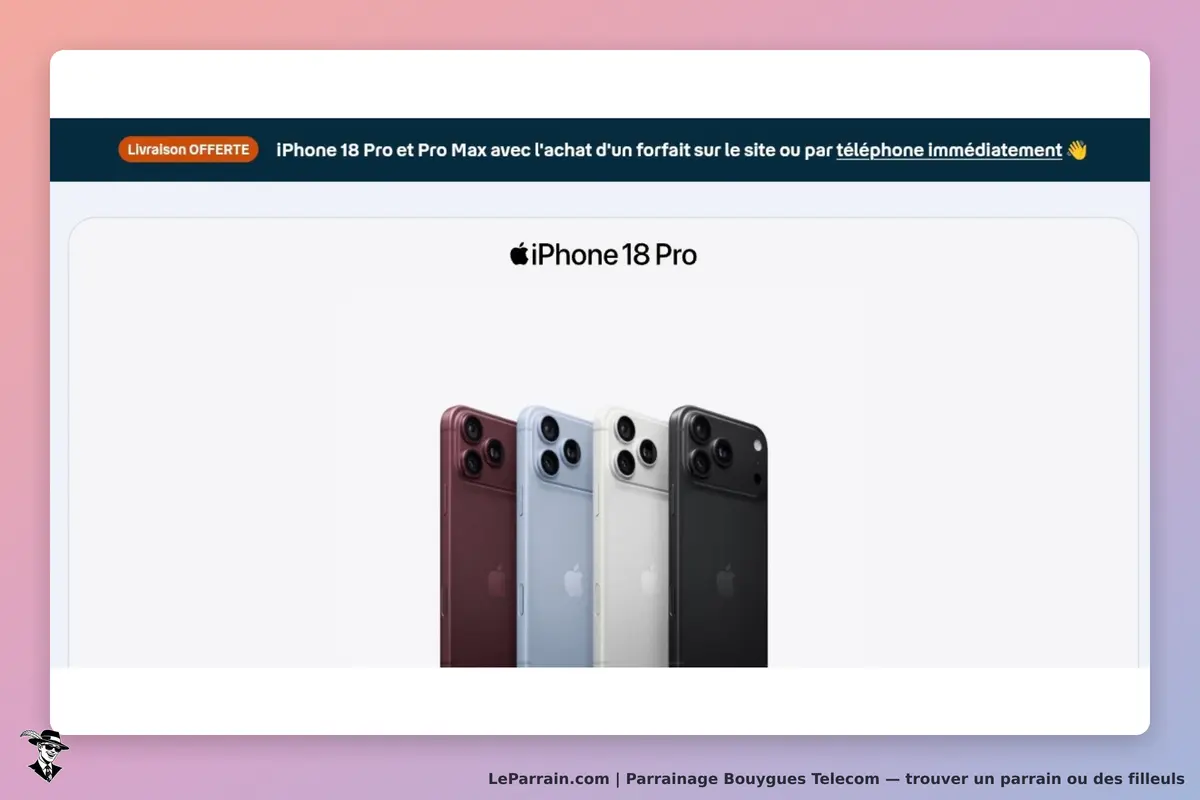 Bouygues Telecom : présentation de l'iPhone 18 Pro en plusieurs coloris sur fond blanc