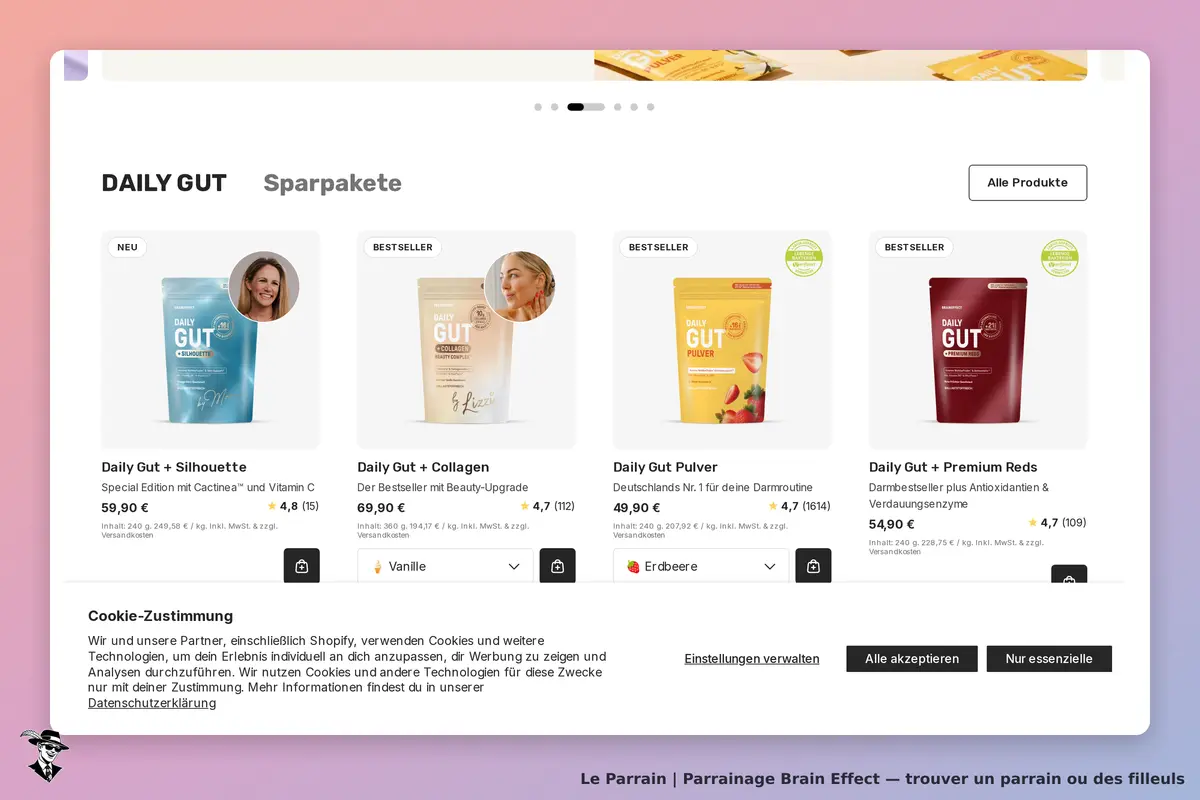 Brain Effect : plusieurs produits Daily Gut avec des images et des évaluations affichées