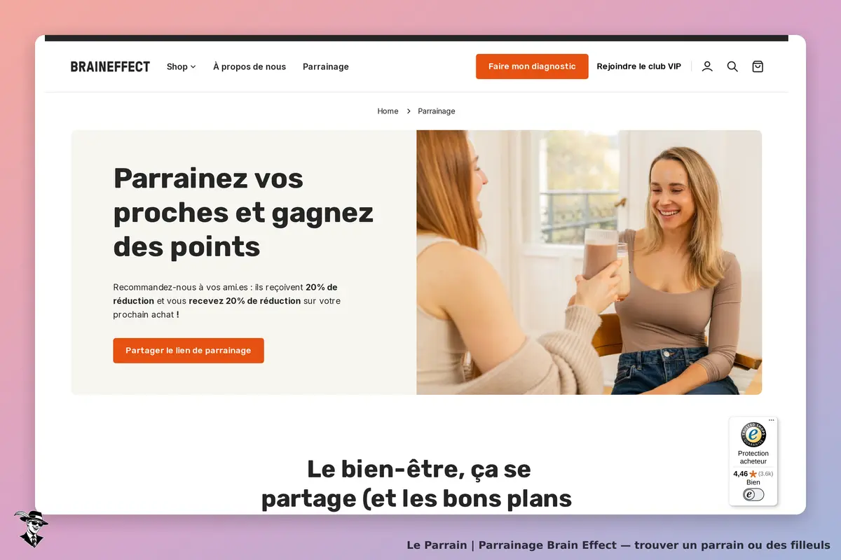 Brain Effect : page de parrainage avec deux femmes levant des verres, texte sur le partage