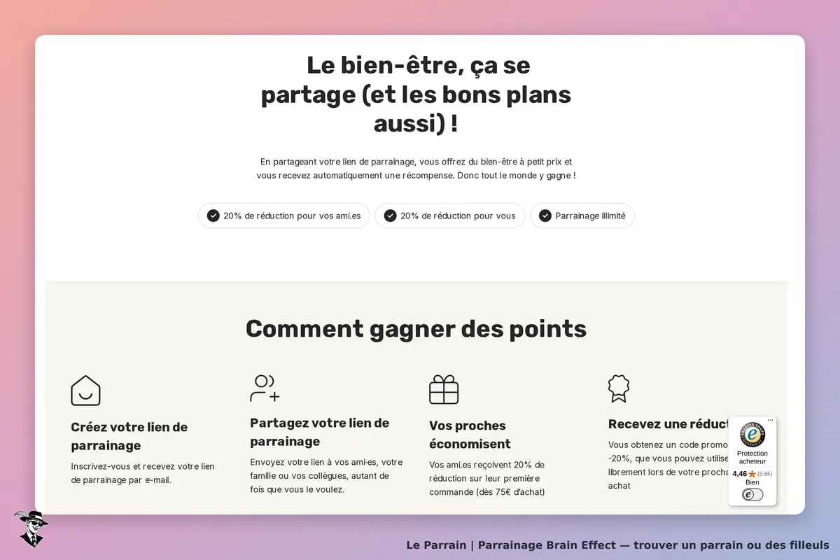 Brain Effect : section sur le parrainage avec instructions et avantages visibles