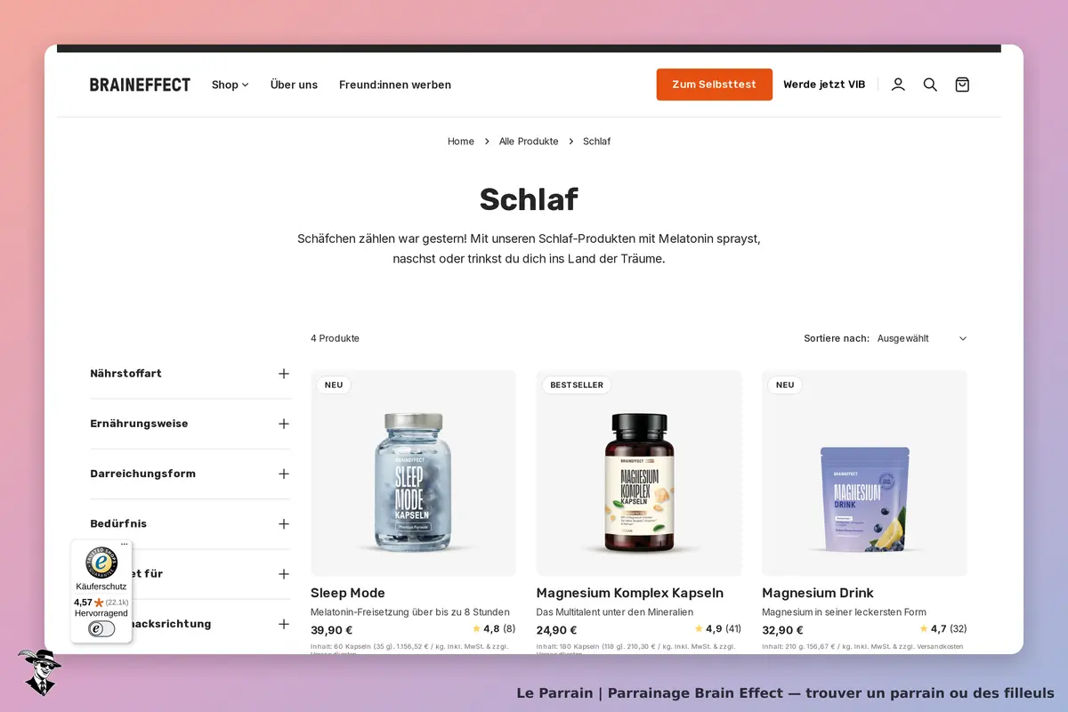 Brain Effect : page catégorie "Schlaf" avec produits de sommeil et options de tri à gauche
