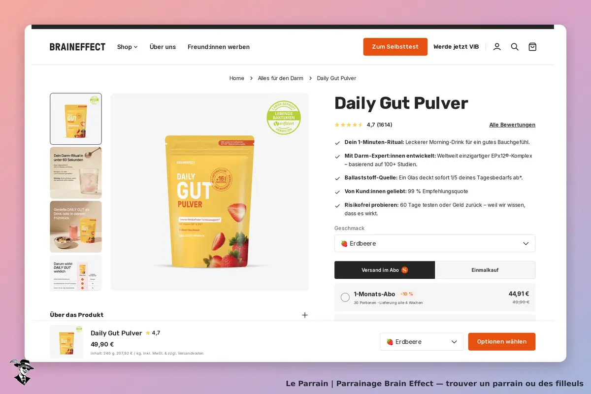 Brain Effect : page produit affichant le sachet de Daily Gut Pulver et ses caractéristiques