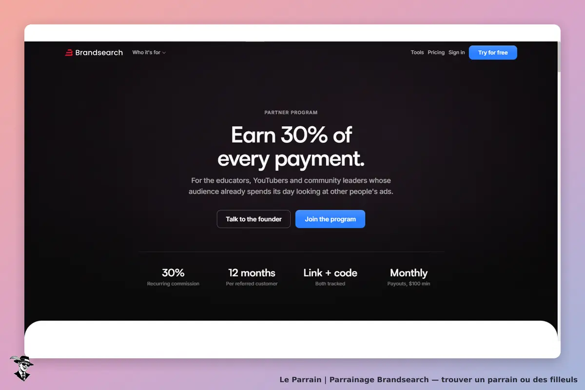 Brandsearch : page d'accueil présentant un programme partenaire avec des options d'inscription
