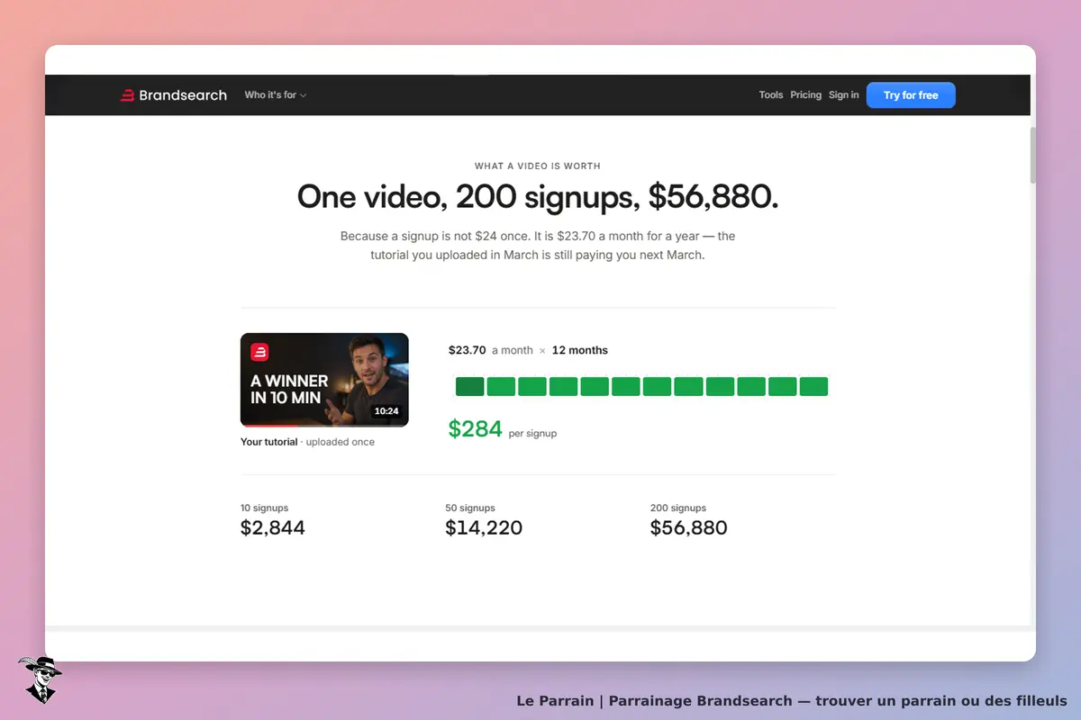 Brandsearch : capture d'écran de la page avec un tutoriel vidéo et des informations de signups