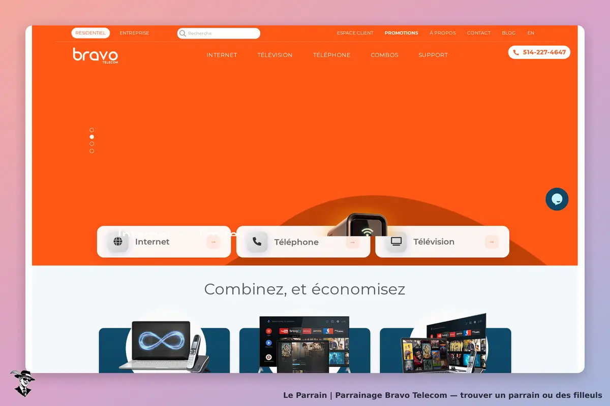 Bravo Telecom : page d'accueil avec options Internet, Téléphone, Télévision et visuels de produits