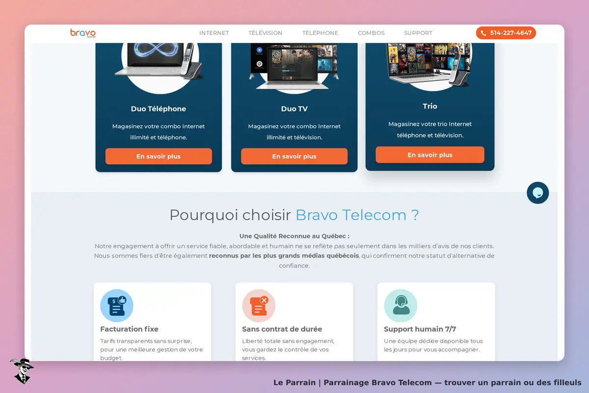 Bravo Telecom : page d'accueil avec offres Internet, télévision et téléphone, section avantages