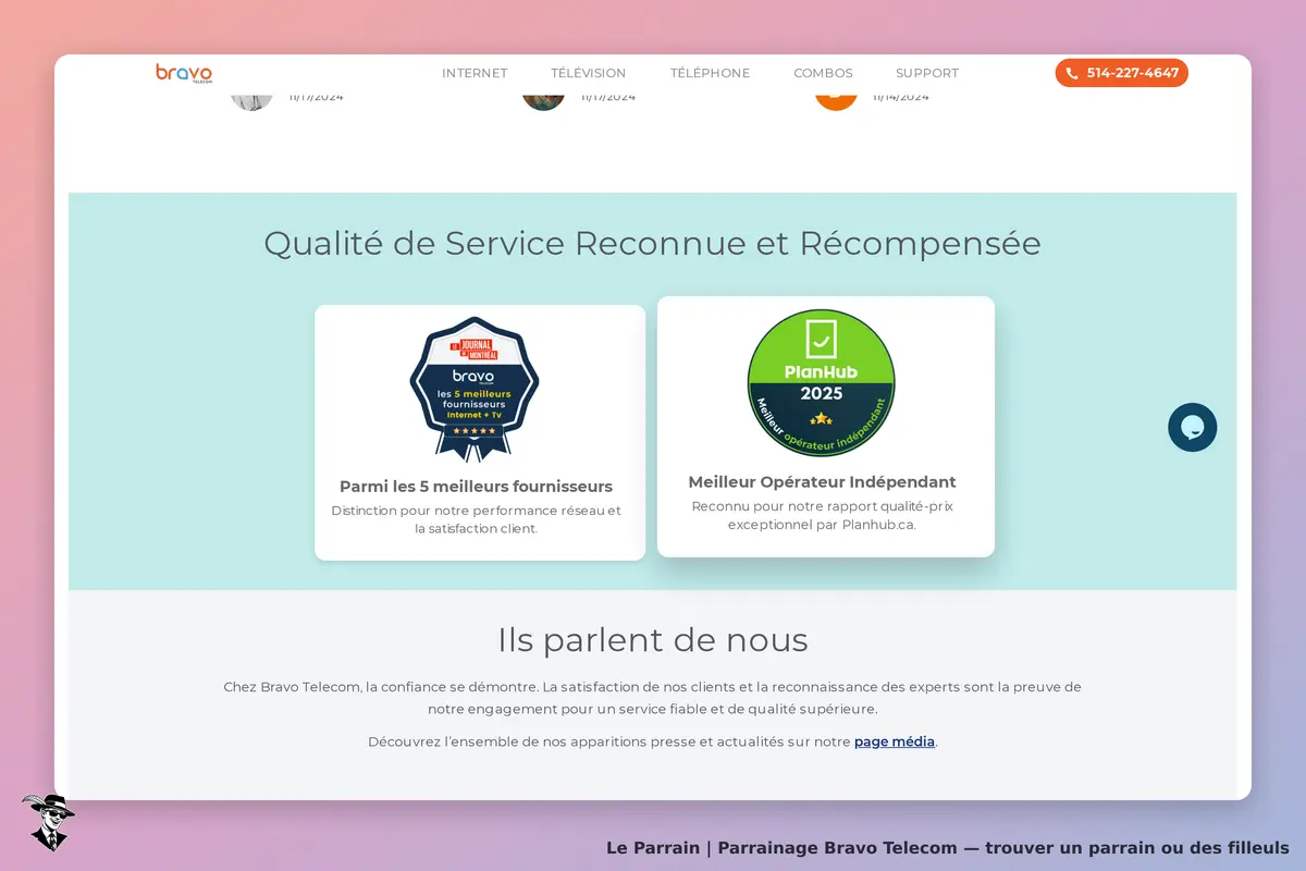 Bravo Telecom : section sur la qualité de service avec des distinctions et témoignages clients