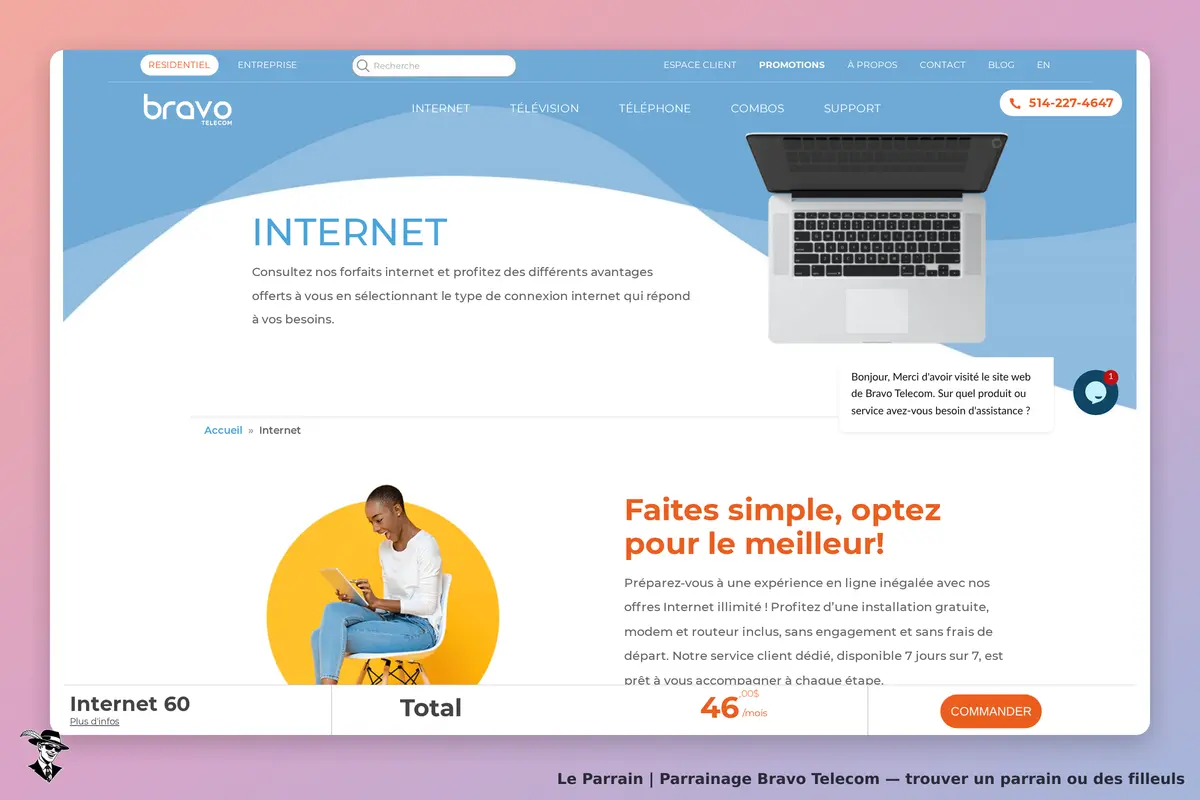 Bravo Telecom : page d'accueil avec un ordinateur et un texte sur les forfaits internet
