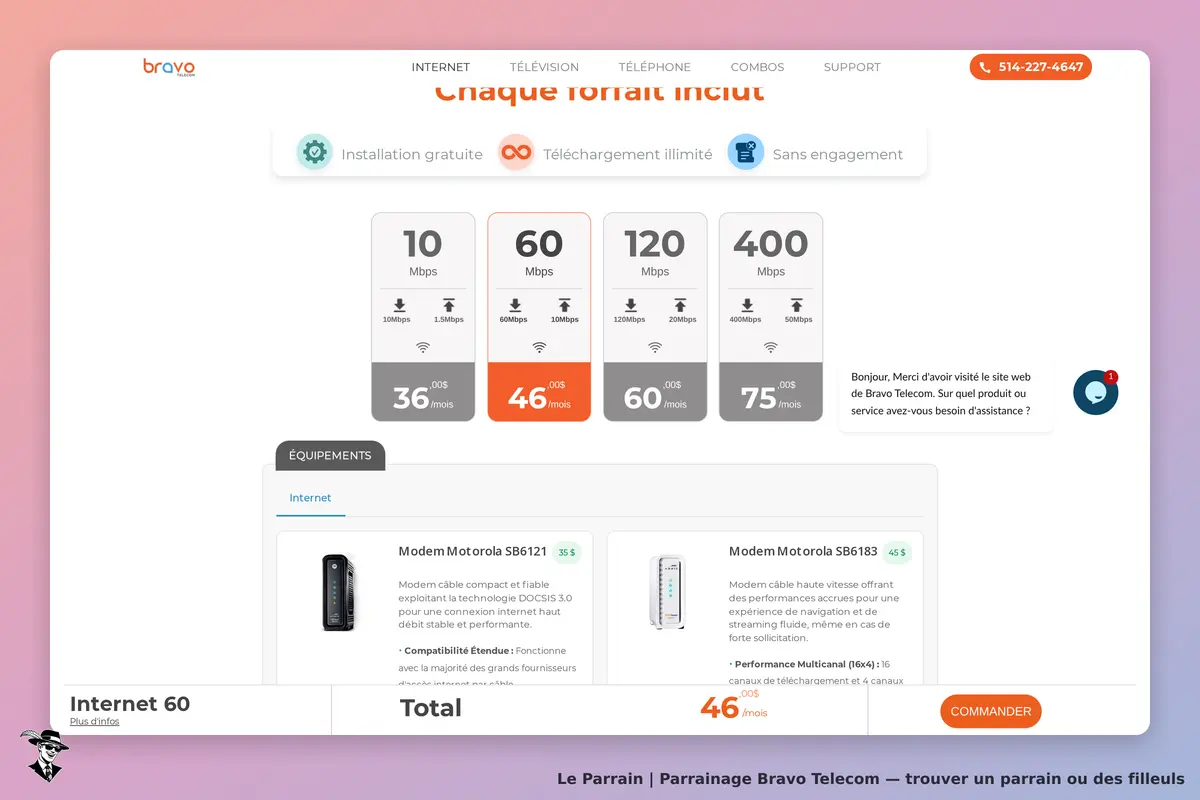 Bravo Telecom : page présentant différents forfaits internet avec équipements et détails