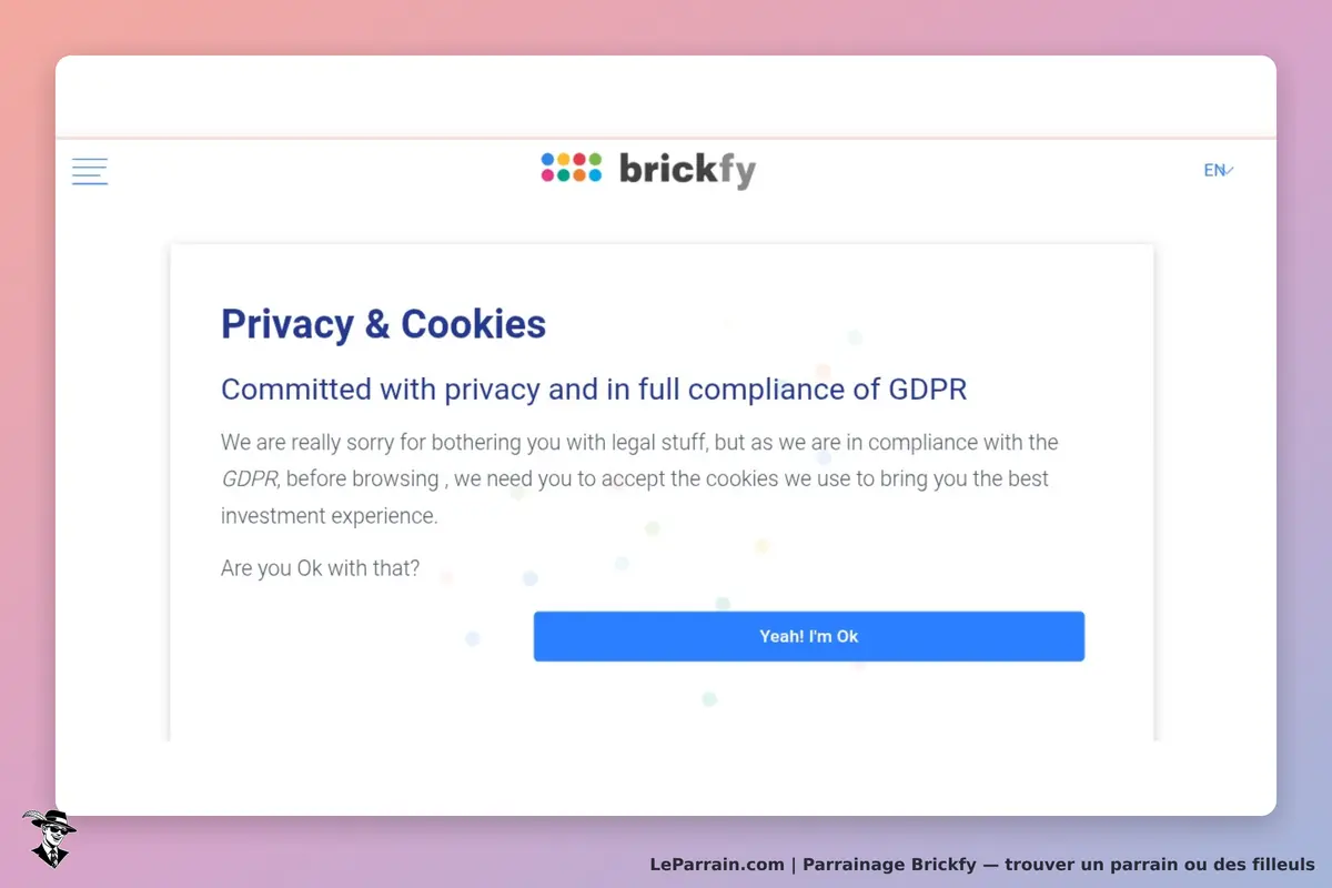 Brickfy : message sur la confidentialité et les cookies avec un bouton d'acceptation