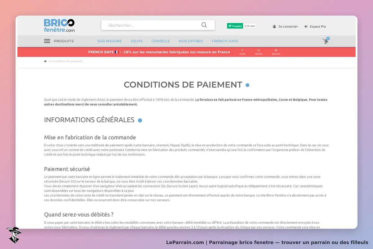 brico fenetre : brico Fenêtre : page des conditions de paiement avec informations générales sur le