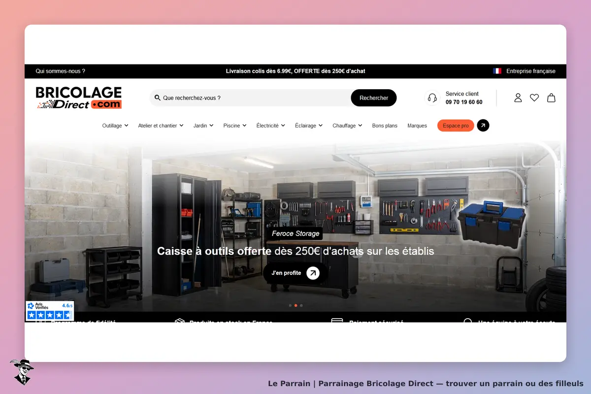 Bricolage Direct : page d'accueil avec des caisses à outils et un mur d'outils en arrière-plan