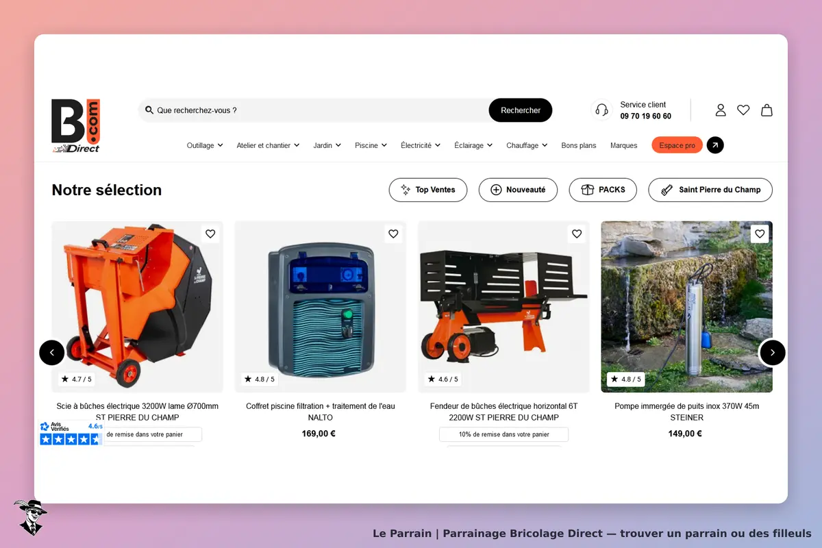 Bricolage Direct : sélection de produits avec scie, coffret piscine, fendeur et pompe immergée