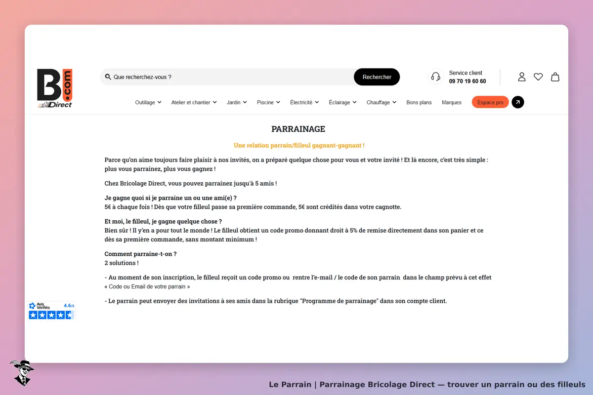 Bricolage Direct : page d'accueil avec section sur le parrainage et options de recherche