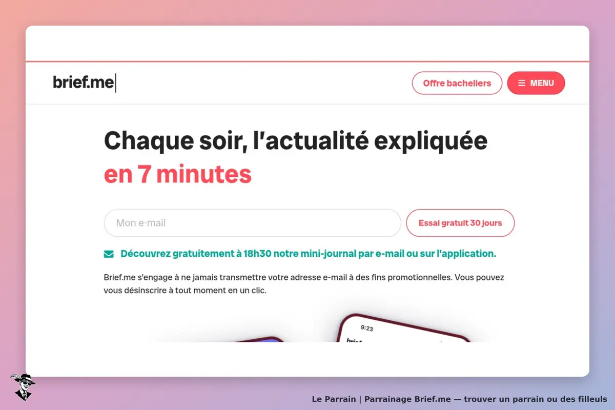 brief.me : page d'accueil présentant un formulaire pour s'inscrire à un service d'actualités