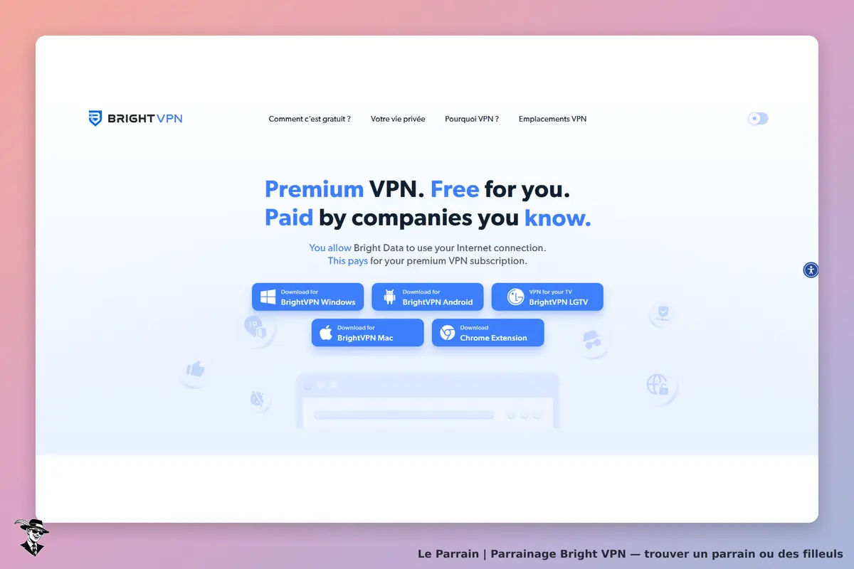Bright VPN : page d'accueil présentant le service VPN avec options de téléchargement et