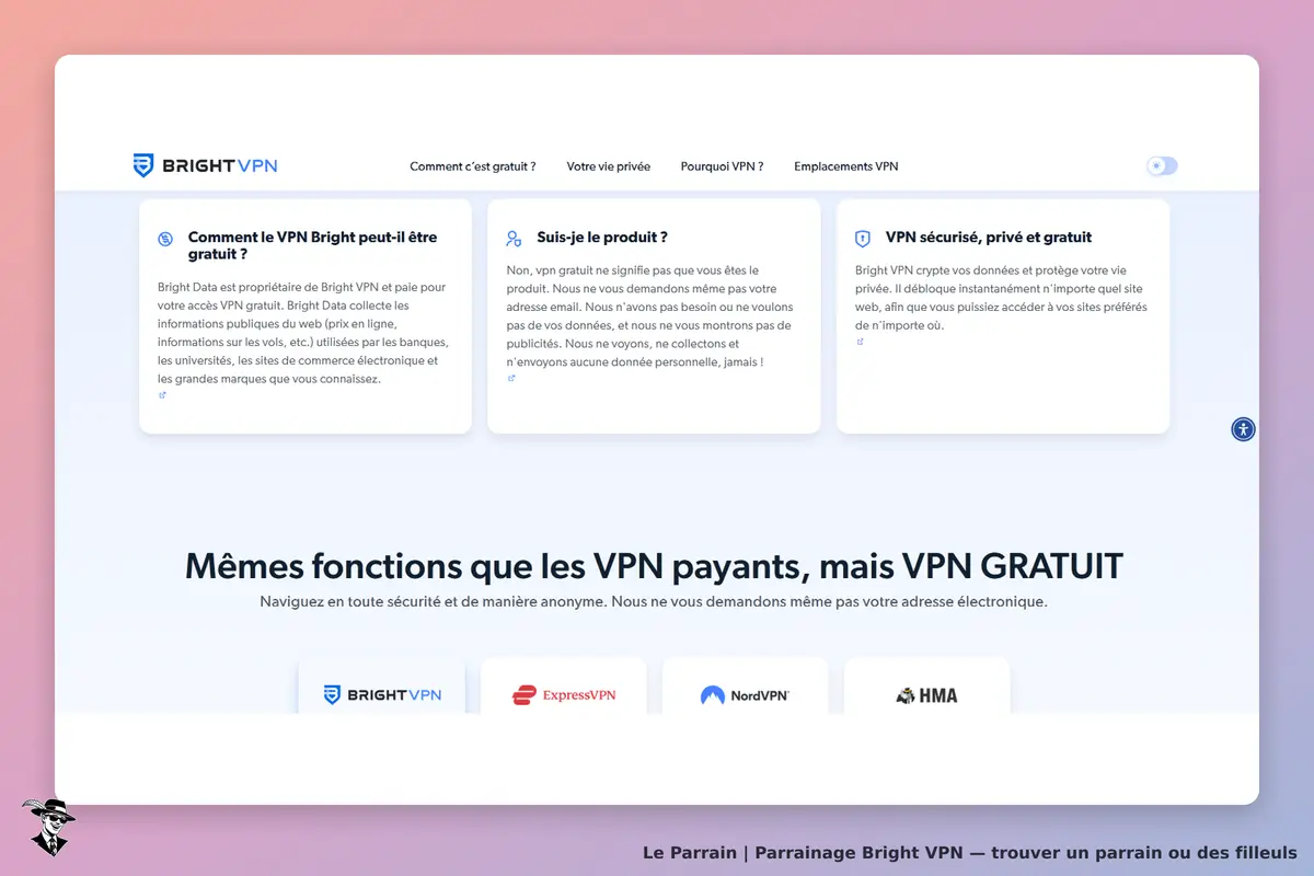 Bright VPN : page d'accueil avec des sections explicatives sur le VPN et des logos de services