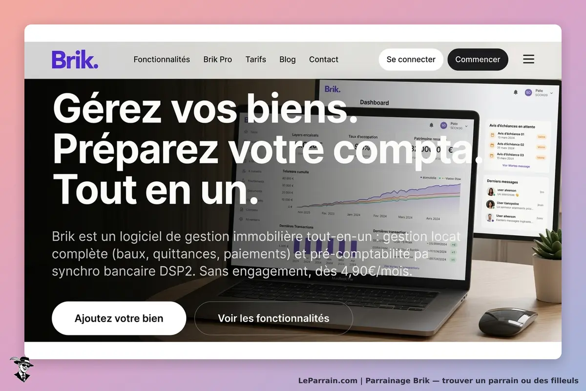Brik : page d'accueil présentant un logiciel de gestion immobilière avec un tableau de bord