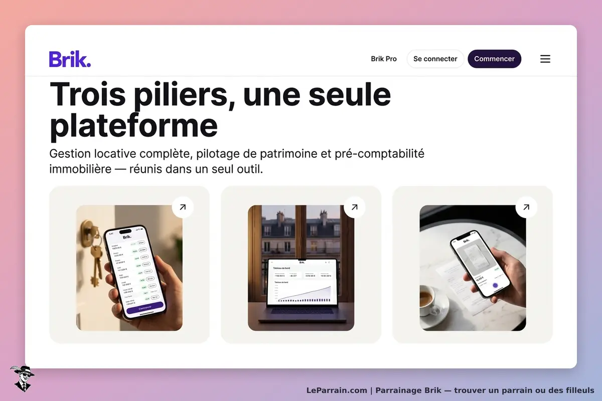 Brik : page d'accueil présentant trois images de l'application sur mobile et ordinateur