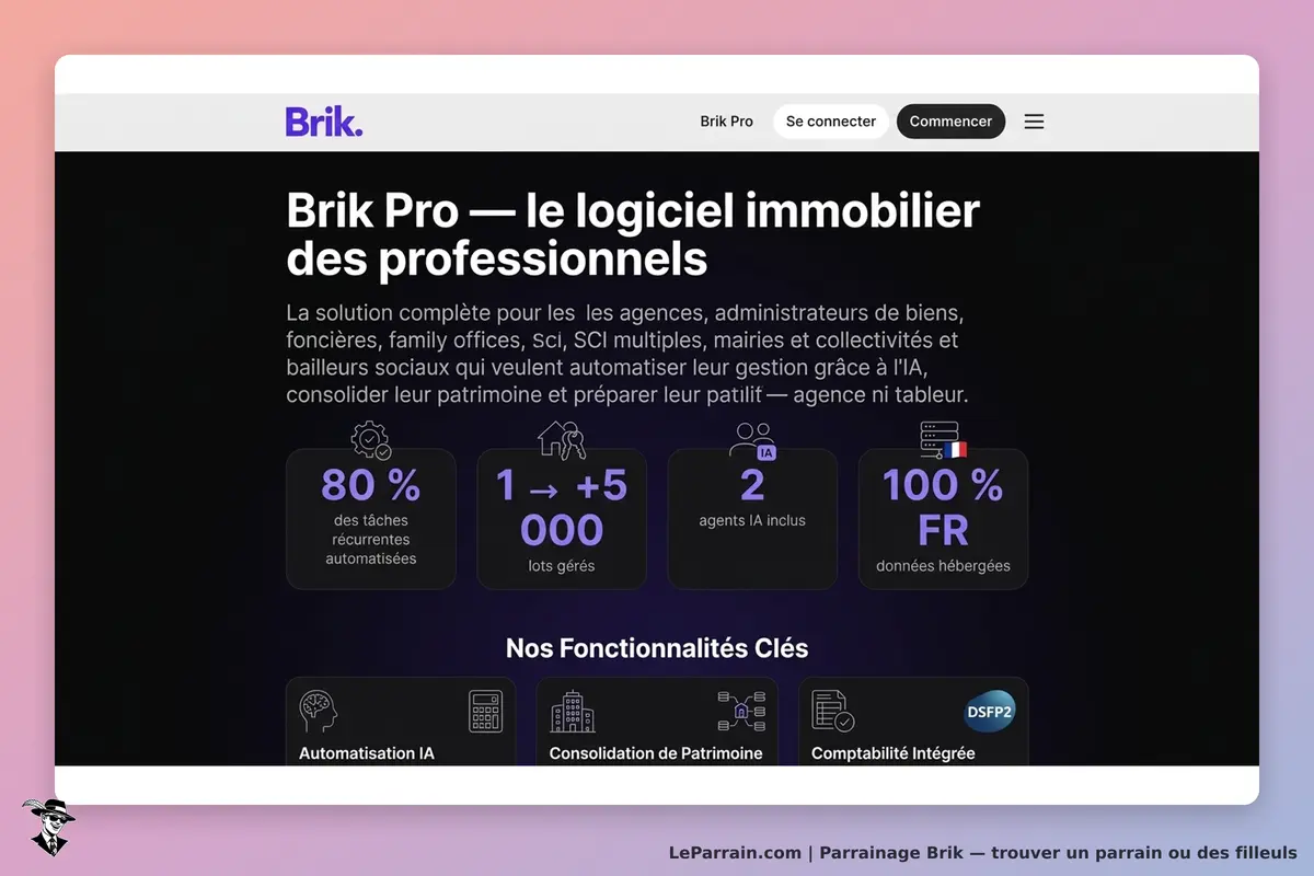 Brik : page d'accueil présentant le logiciel immobilier avec statistiques et fonctionnalités clés