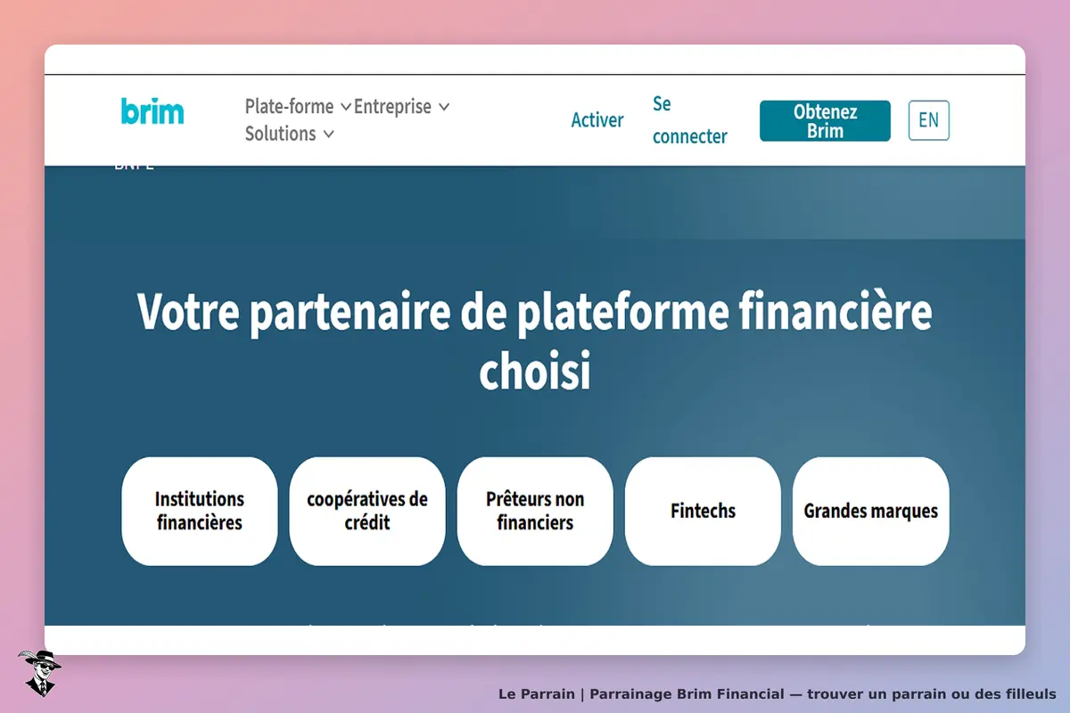Brim Financial : brim : page d'accueil présentant des partenaires financiers et un slogan en