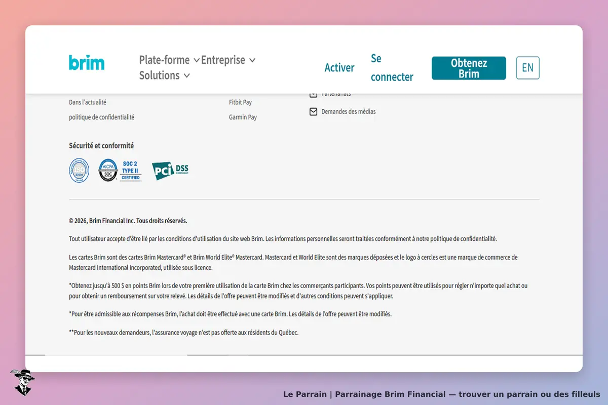 brim : bas de page avec mentions légales et informations de sécurité du site Brim Financial